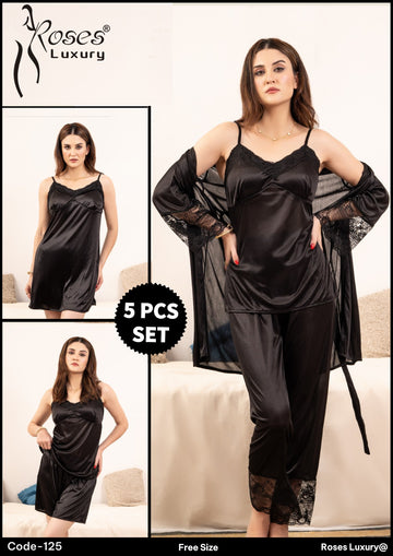 Black Comfort Style Premium Silk 5 Pcs Set Nighty Roses Luxury (125)