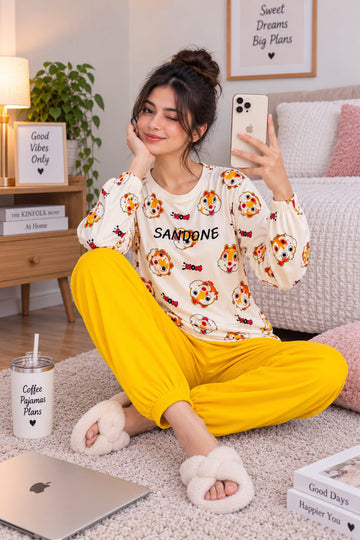 Of White Yellow Sandone Printed Full Sleeves The Ultimate Dream Wear Sleep Suit (OM-209) omii.pk