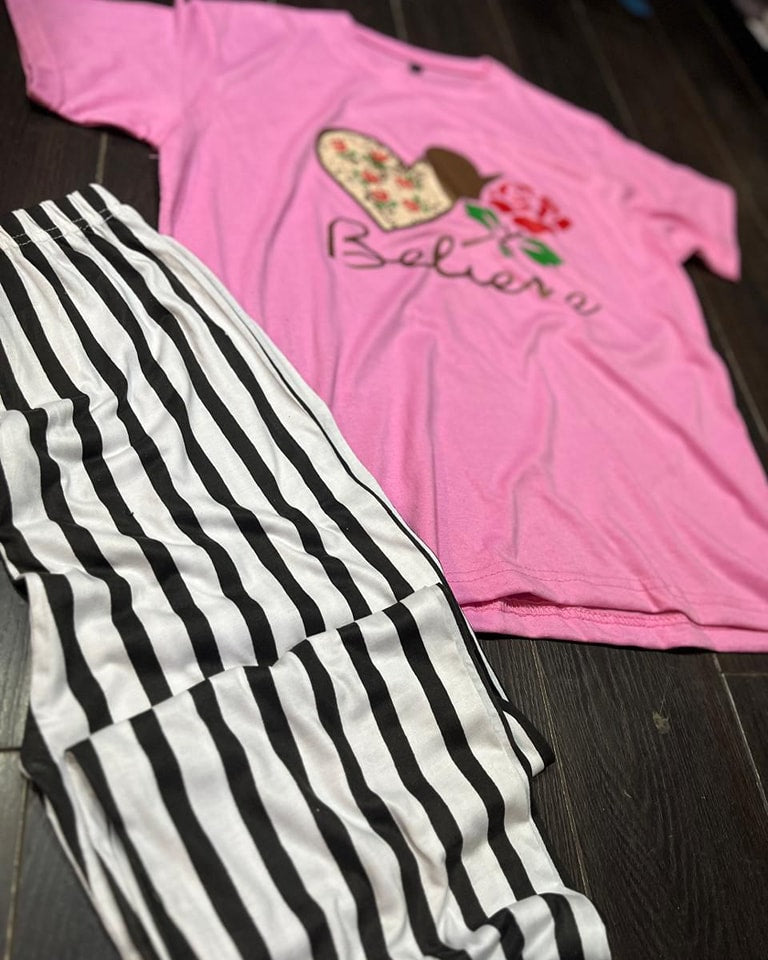 Pink Believe Printed Tshirt and Linning Trouser The Ultimate Dream Wear Sleep Suit (OM-81)