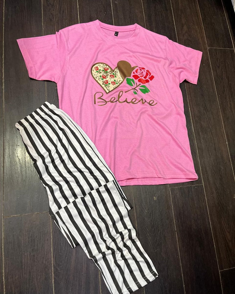 Pink Believe Printed Tshirt and Linning Trouser The Ultimate Dream Wear Sleep Suit (OM-81)