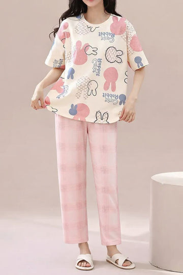 Off white Multi Cute Rabbit Printed Half Sleeves T-shirt With Printed Pajama  The Ultimate Dream Wear Sleep Suit (OM-179)