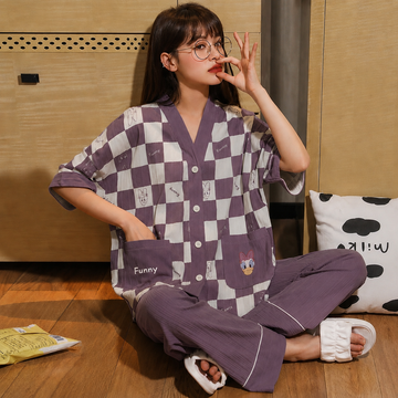 Purple White Check Drop Shoulder Printed Button V-Neck Half Sleeves PJ Set
