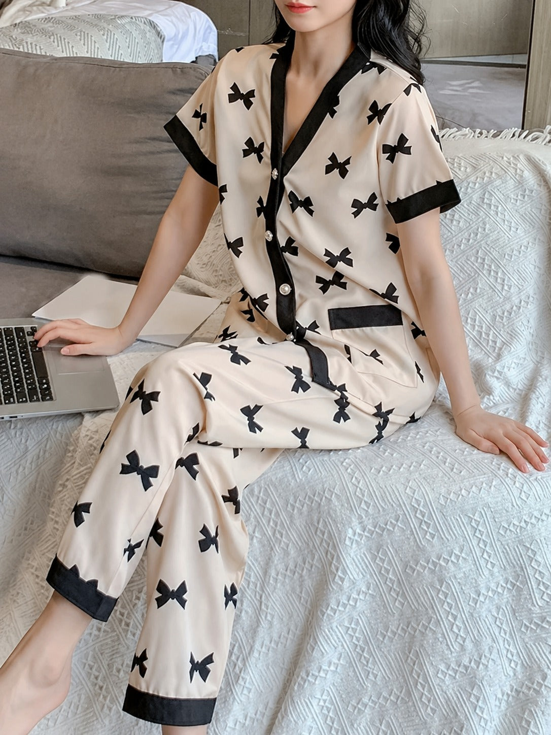 Off White with Black Midnight Bow  Printed Half Sleeves V-Neck Button PJ Set For Her
