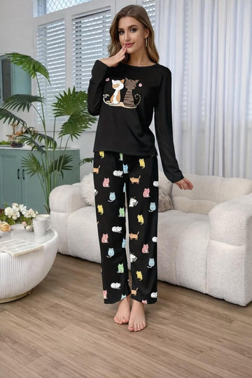 Black Cats Print Full Sleeves With Printed Trouser The Ultimate Dream Wear Sleep Suit (OM-155)
