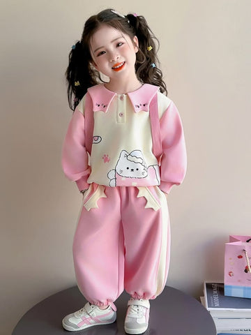 Girls' Warm Fleece Winter Tracksuit – Pink & Cream (OM-729) omii.pk