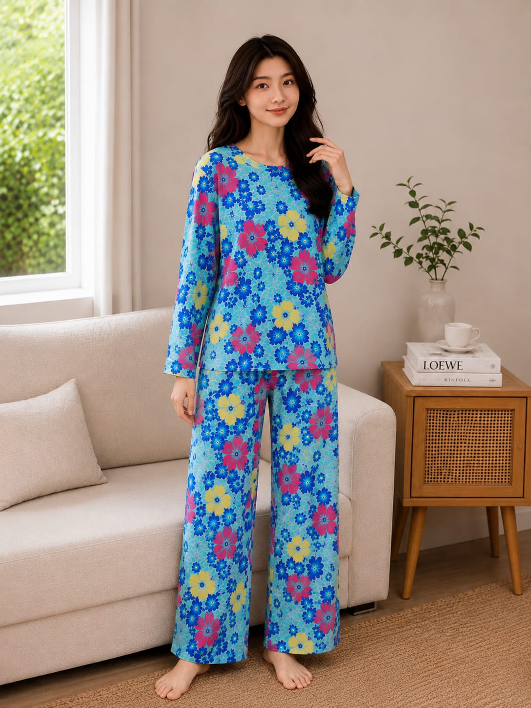 Blue Multi  Floral Printed Full Sleeves The Ultimate Dream Wear Sleep Suit (OM-211) omii.pk