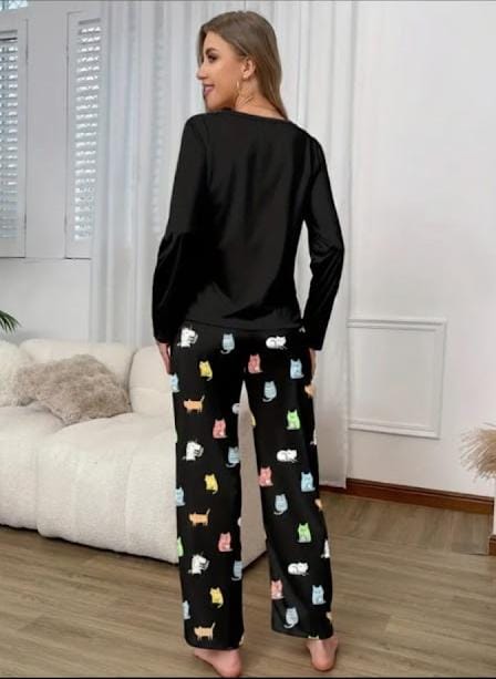 Black Cats Print Full Sleeves With Printed Trouser The Ultimate Dream Wear Sleep Suit (OM-155)