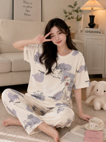 Ofwhite Grey Kitty Dream The Ultimate Dream Wear Sleep Suit (OM-197)