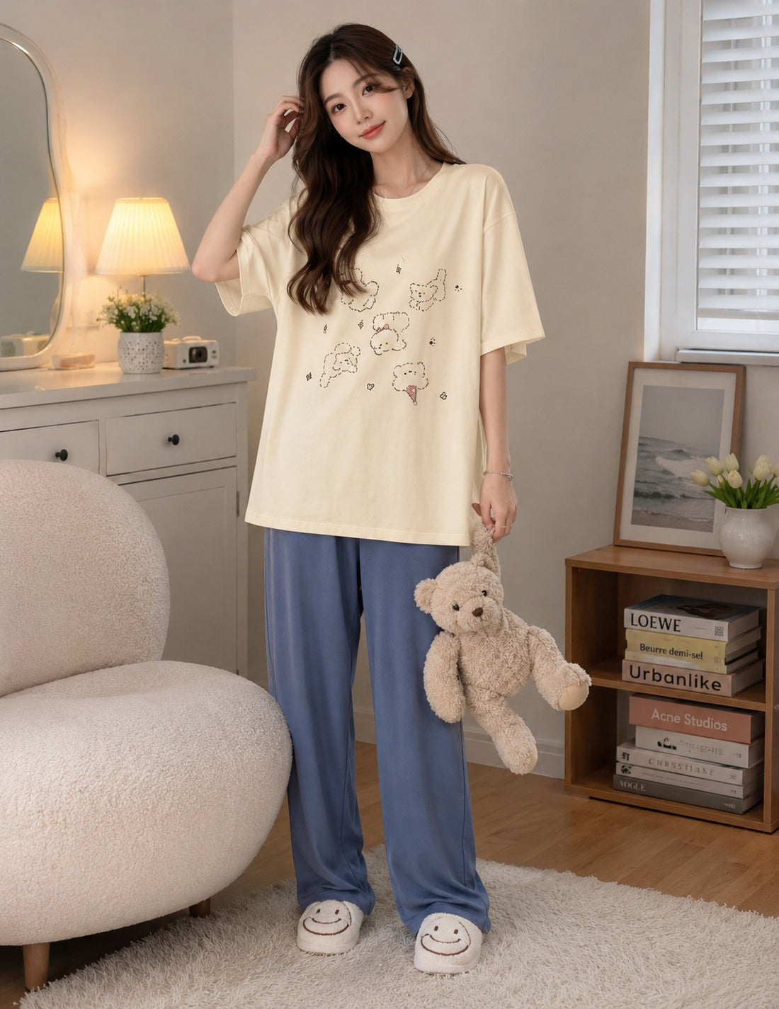 Ofwhite Cloudy Blue Printed Tshirt with Blue Pajama The Ultimate Dream Wear Sleep Suit (OM-198)