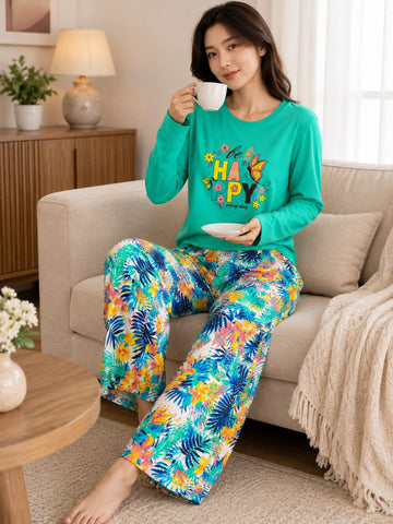 Sea Green Happy Bloom Printed Full Sleeves Tshirt Trouser The Ultimate Dream Wear Sleep Suit (OM-206)