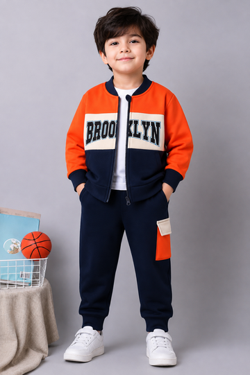 Orange Brooklyn Color Block Zipper Winter Kids Track suit omii.pk