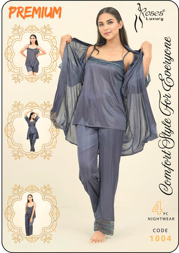 Grey Comfort Style Premium Silk 5 Pcs Set Nighty Roses Luxury (CODE 1004)