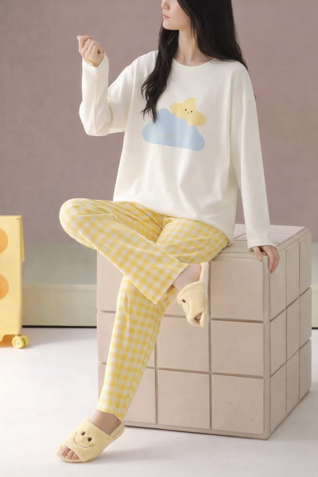 White With Clound And Star Print Full Sleeves The Ultimate Dream Wear Sleep Suit (OM-156)