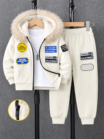 Off White Kids Premium Fleece Winter Tracksuit with Hooded with Far Jacket (OM-731 ) omii.pk