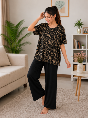 Black T-Shirt with Beige Leaf Floral Print  with Plain Trouser The Ultimate Dream Wear Sleep Suit (OM-205)