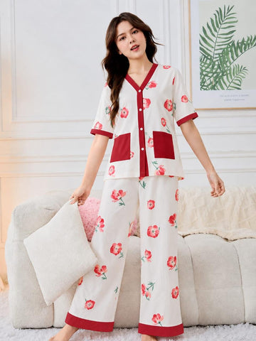 Off white with Red Rose Flowers Printed Button Style Pj Set