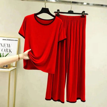 Red With Black Pipin Neck And Sleeves Half Sleeves Suit (OM-119)