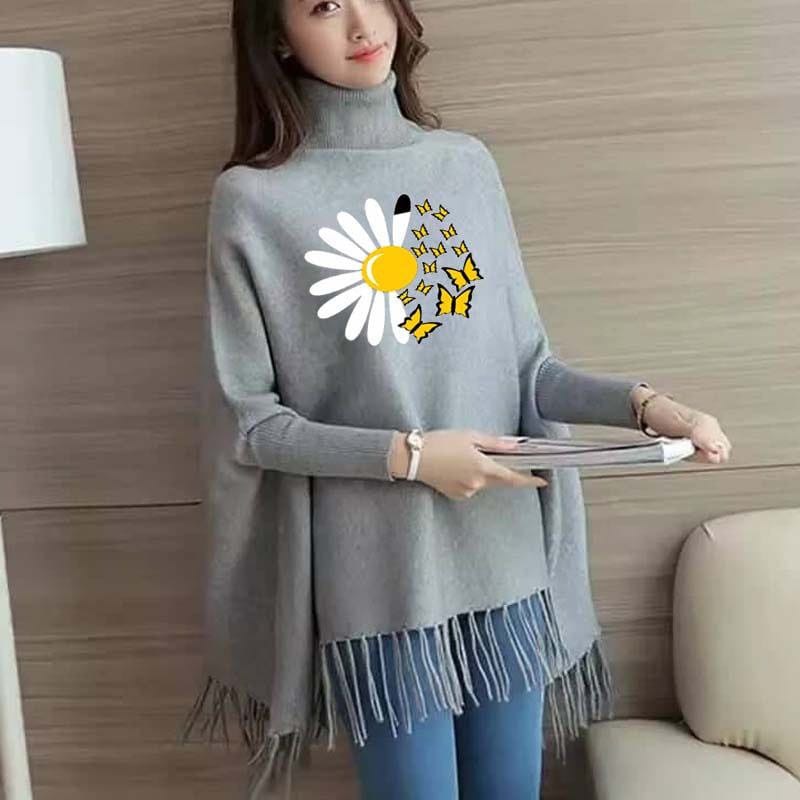 Sunflower Butterfly Women's Bat-Wing Style Printed Fleece Winter Poncho (OM-808)