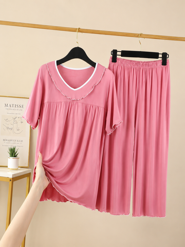 Plain Pink Frill Neck Half Sleeves The Ultimate Dream Wear Sleep Suit (TST)