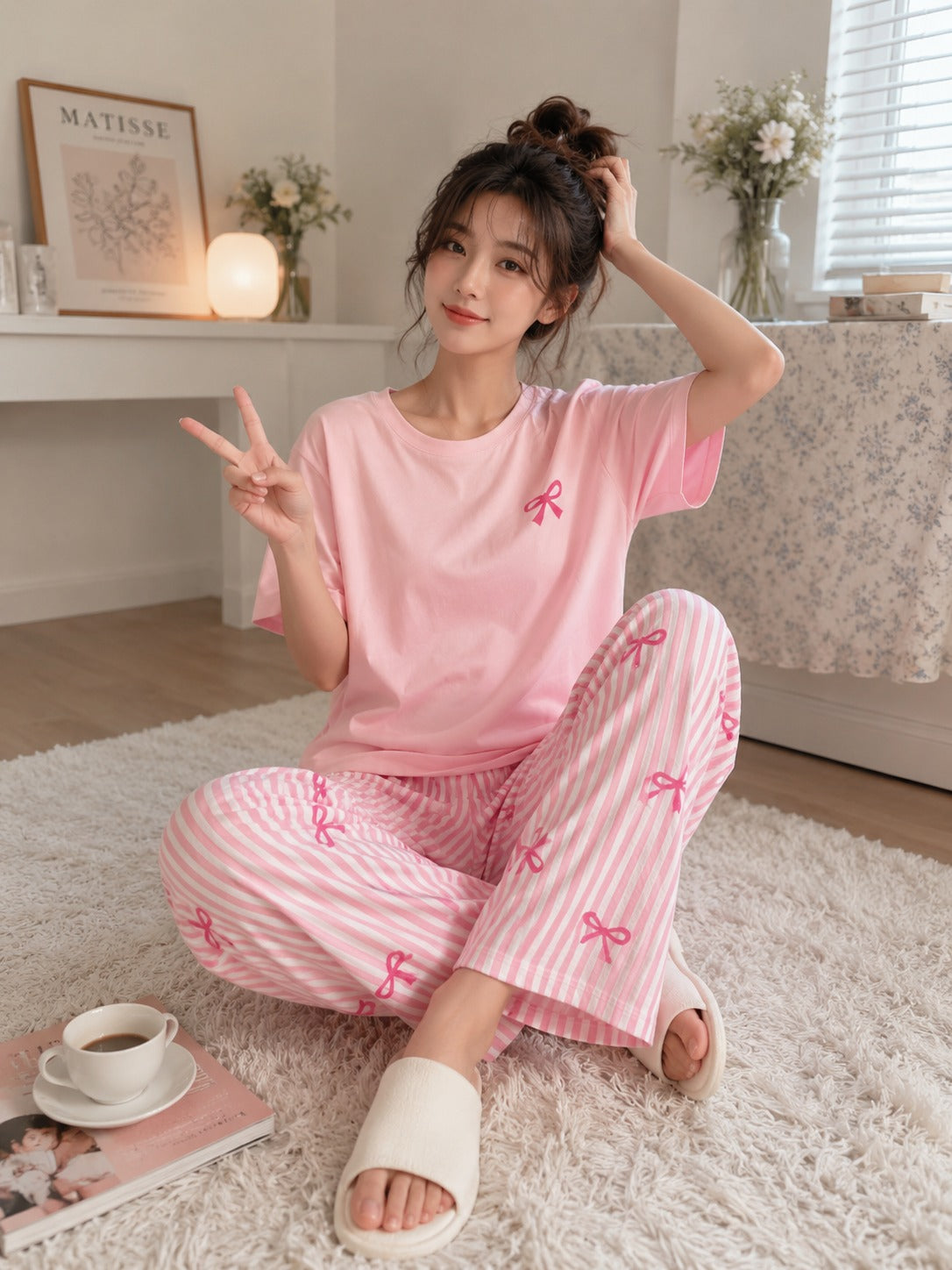 Pink Ribbon Stripe Tshirt Pajama Set The Ultimate Dream Wear Sleep Suit (OM-196)