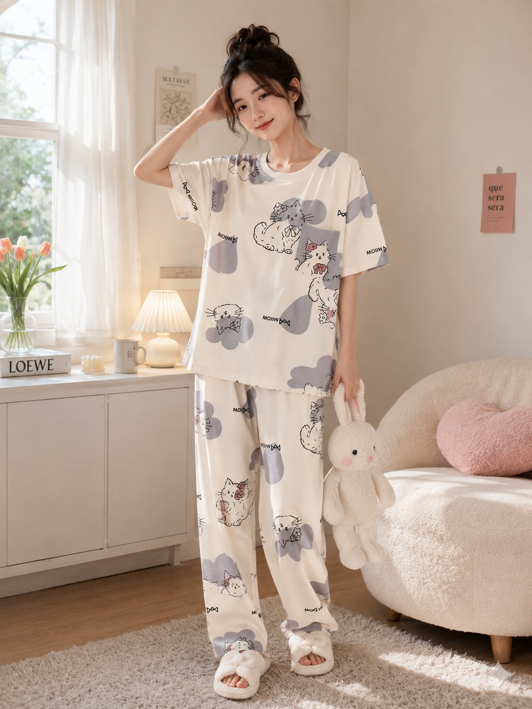 Ofwhite Grey Kitty Dream The Ultimate Dream Wear Sleep Suit (OM-197)