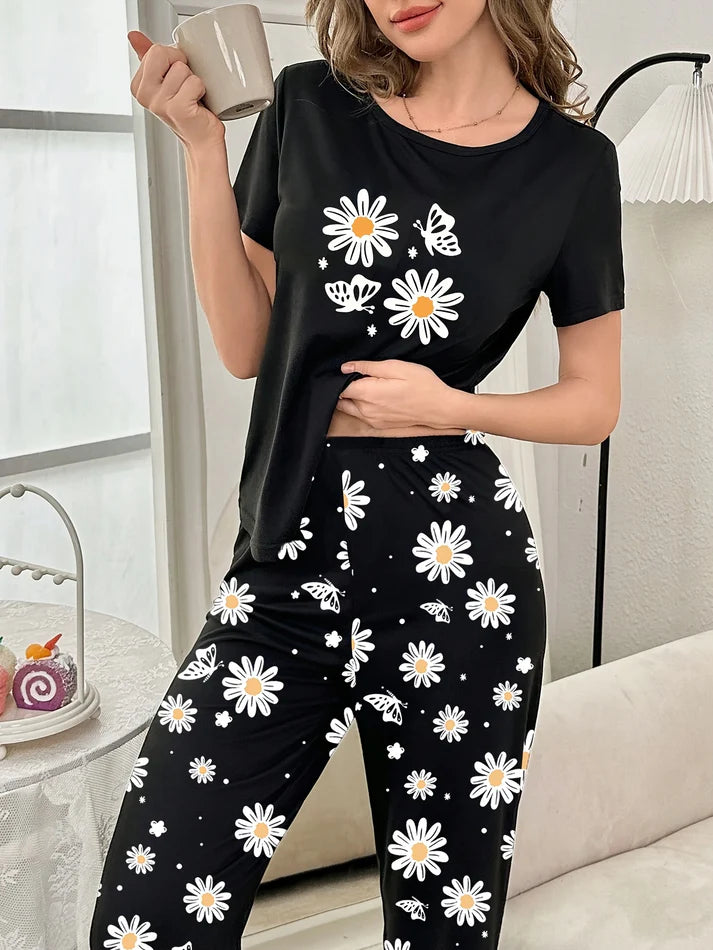 Black Sunflower Half Sleeves Printed Tshirt and Pajama The Ultimate Dream Wear Sleep Suit (OM-166)