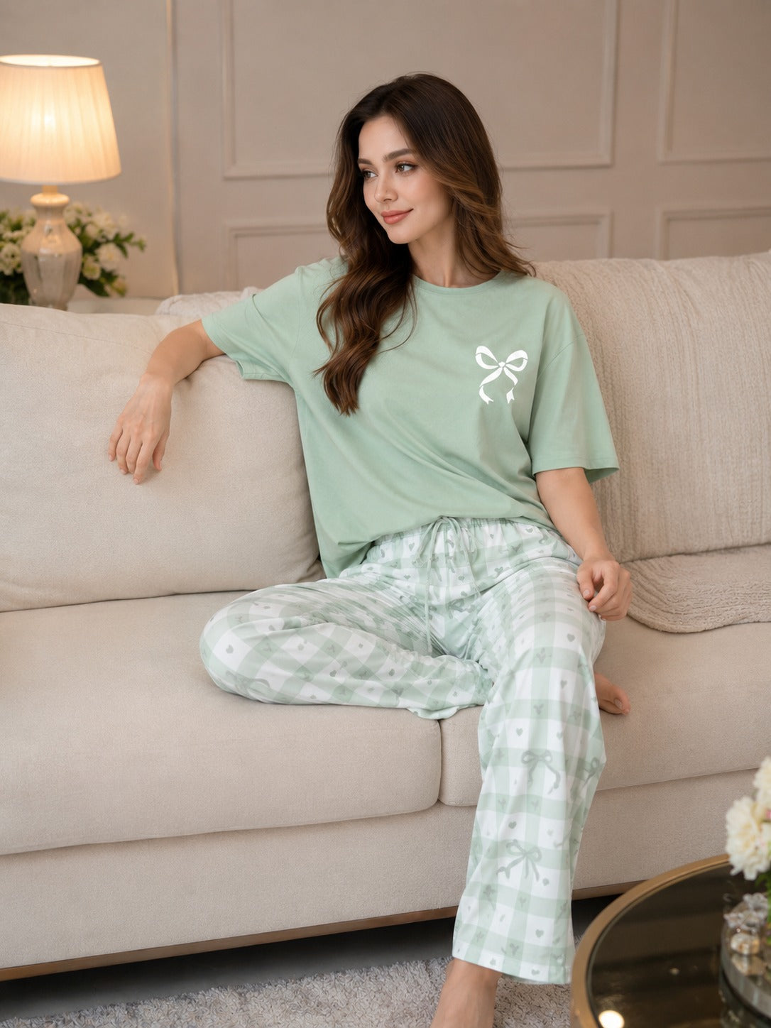 Mint Ribbon Check Pajama The Ultimate Dream Wear Sleep Suit (OM-191)