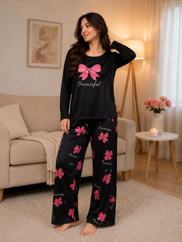 Black Ribbon Pink Bow Printed Full Sleeves The Ultimate Dream Wear Sleep Suit (OM-199) omii.pk