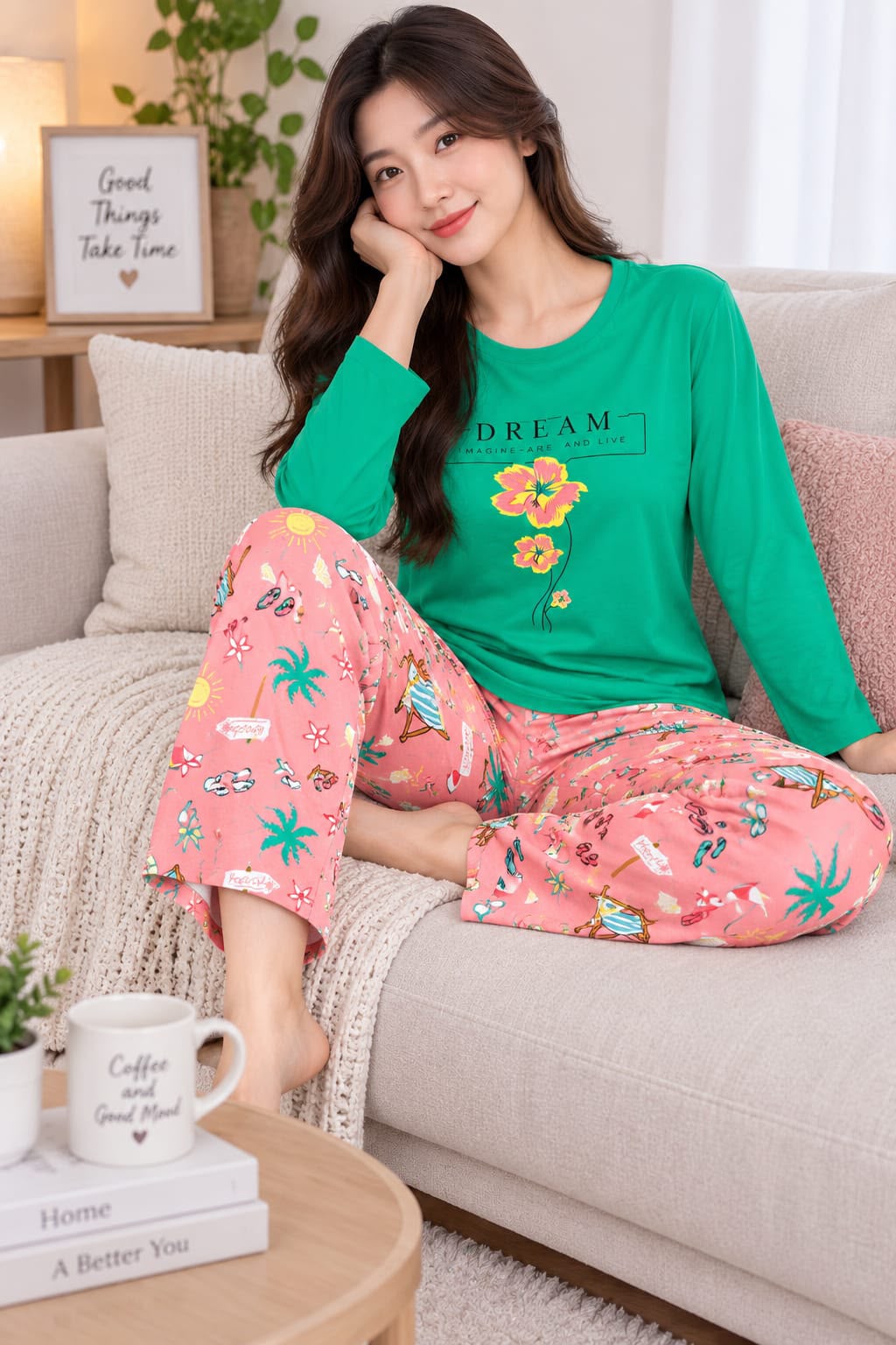 Green Dream Flower Printed Full Sleeves The Ultimate Dream Wear Sleep Suit (OM-207) omii.pk