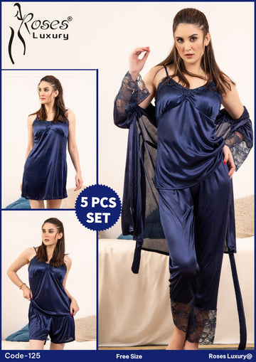 Naby Blue Comfort Style Premium Silk 5 Pcs Set Nighty Roses Luxury (CODE 125)