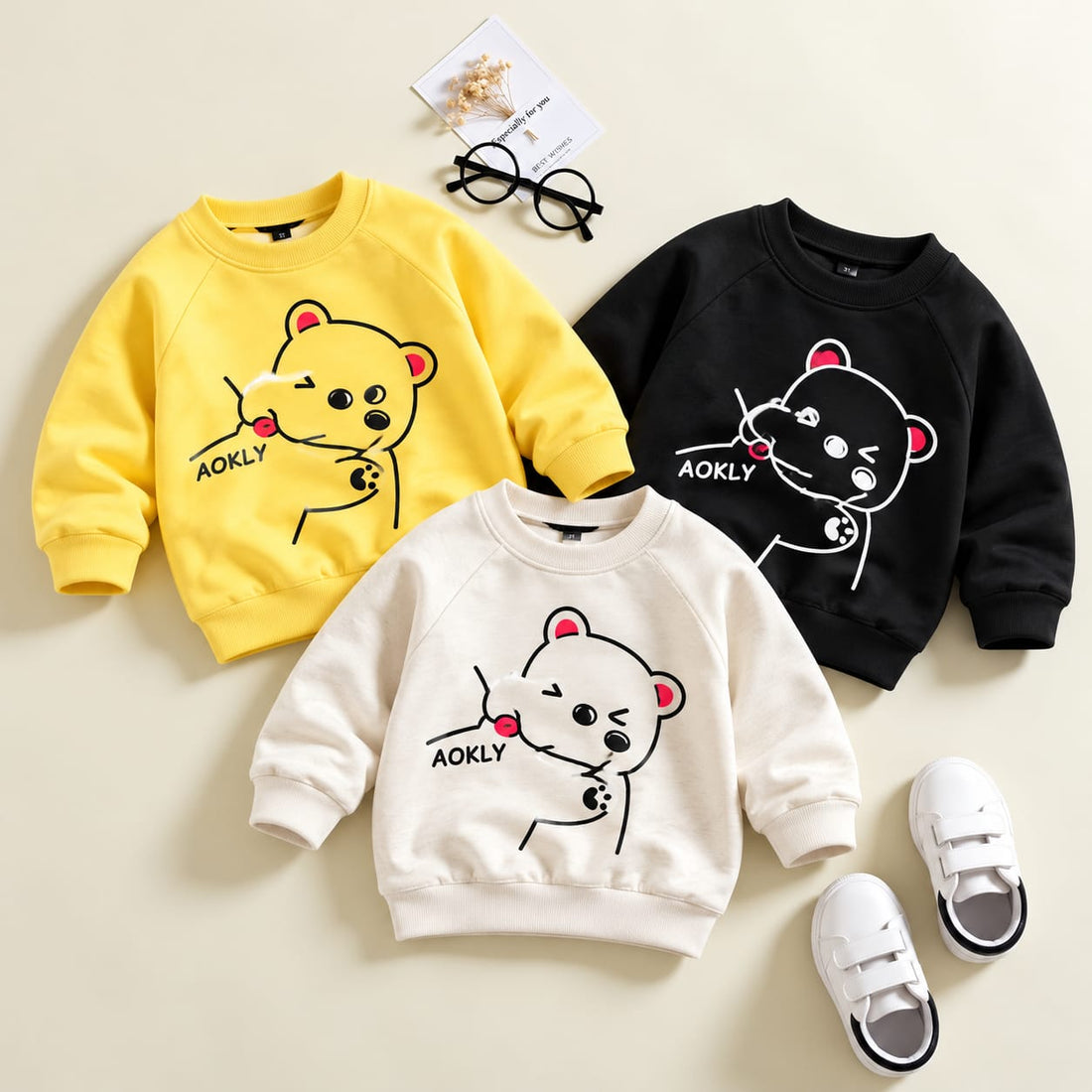 Kids Bear Sweatshirt Pack of 3 – Fleece Winter  ofwhite -black- yellow ( SS 503)