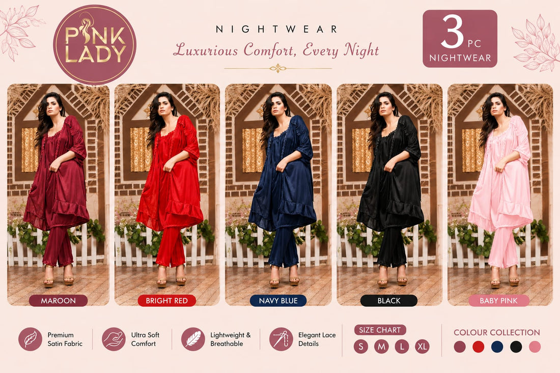 Pink 3-piece set: Long Inner, Trouder & Gown Nighty Set Pink Lady