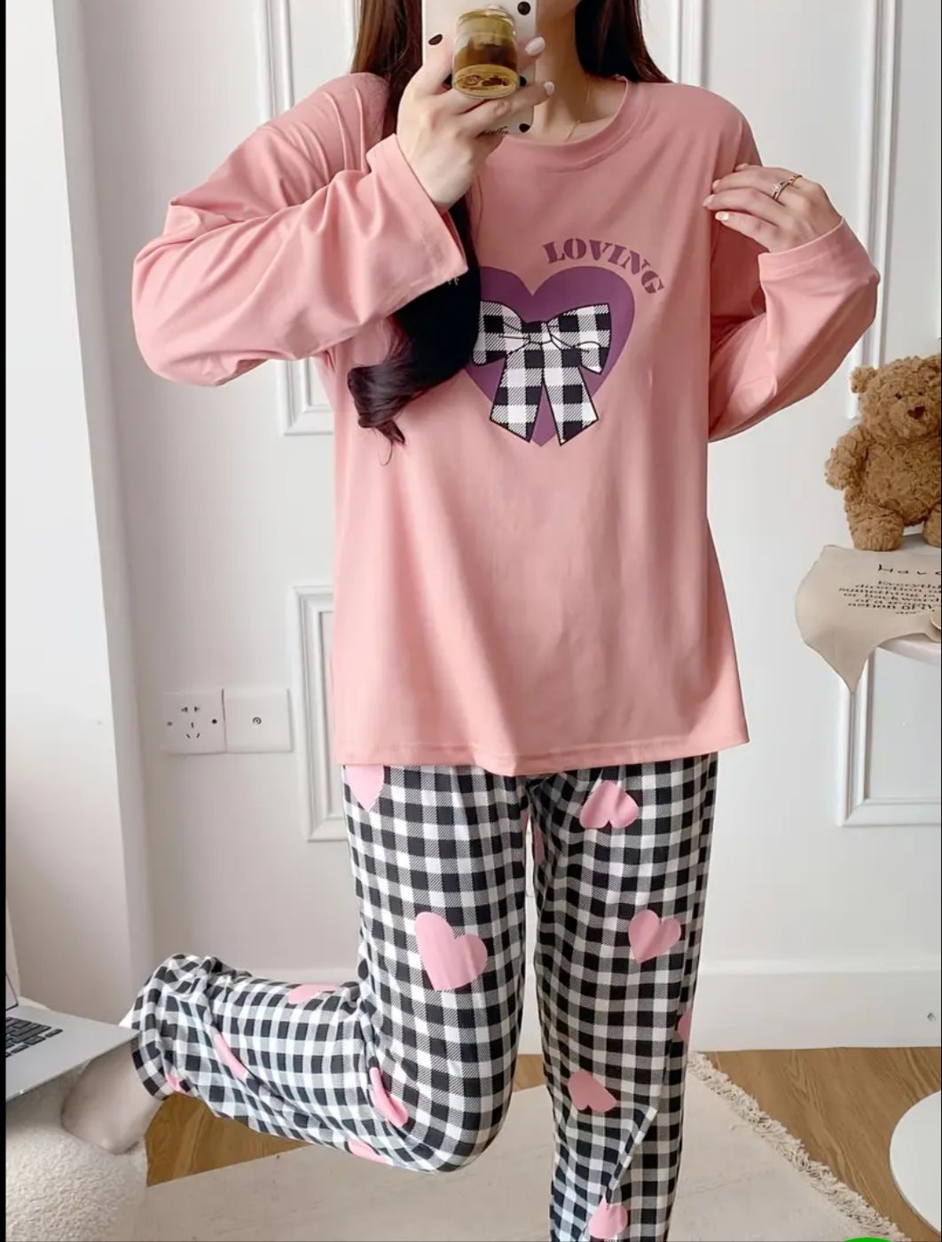 Baby Pink Loving with Check Ribbon Printed Full Sleeves PJ The Ultimate Dream Wear Sleep Suit (OM-149)