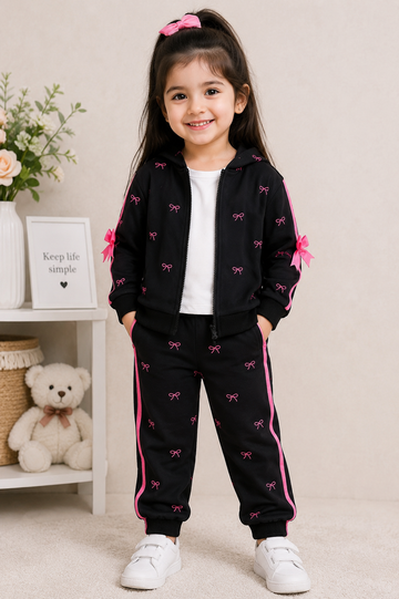 Black Bows Printed Zipper Kids Winter Track Suit omii.pk