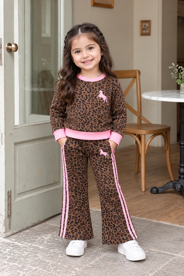 Brown Cheetah Print with Pink Stripes Kids Winter Track Suit (OM-726) omii.pk