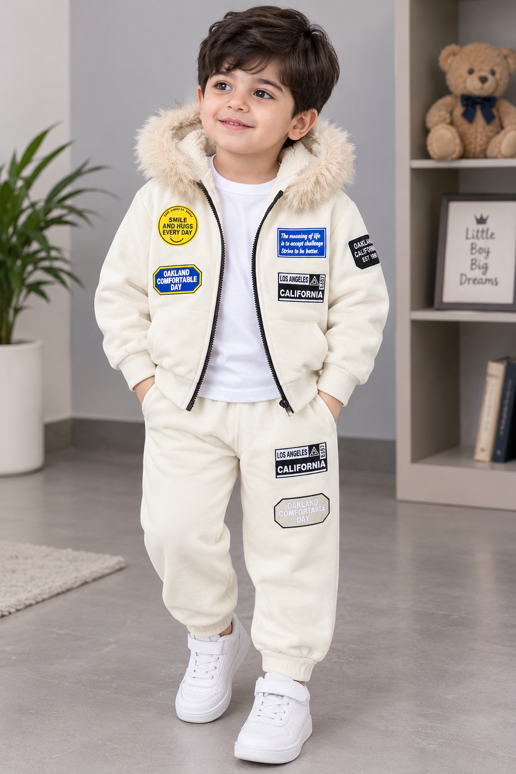Off White Kids Premium Fleece Winter Tracksuit with Hooded with Far Jacket (OM-731 ) omii.pk