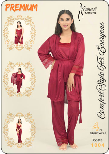 Maroon Comfort Style Premium Silk 5 Pcs Set Nighty Roses Luxury (CODE 1004)