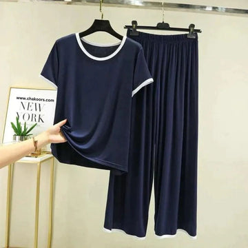 Navy Blue With White Pipin Neck And Sleeves Half Sleeves Suit (OM-117)