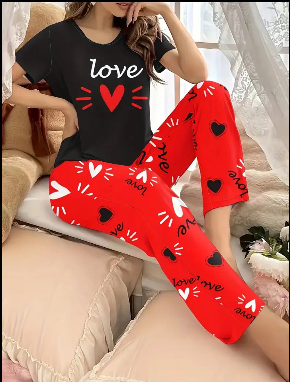 Black Love Heart Printed Half Sleeves Tshirt with Red Printed Trouser The Ultimate Dream Wear Sleep Suit (OM-163)
