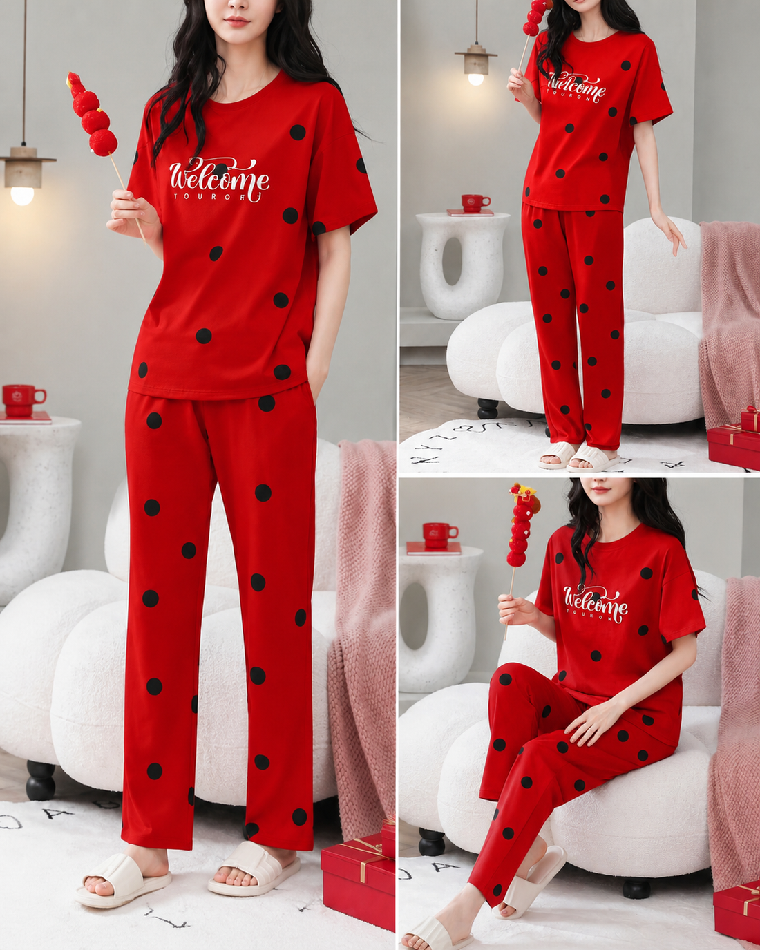 Red Welcome Printed Half Sleeves Tshirt with Pajama The Ultimate Dream Wear Sleep Suit (OM-184)