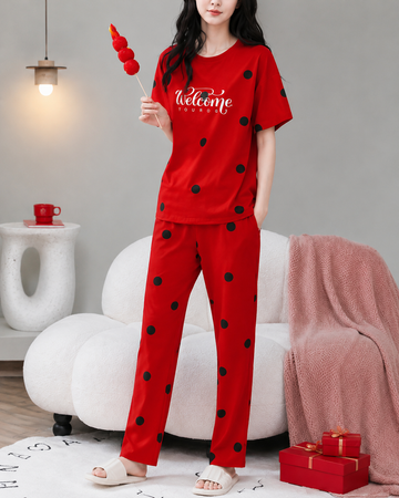 Red Welcome Printed Half Sleeves Tshirt with Pajama The Ultimate Dream Wear Sleep Suit (OM-184)