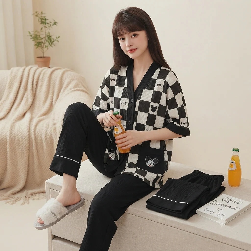 Black & White Mini Mouse  Drop Shoulder Printed Button V-Neck Half Sleeves PJ Set