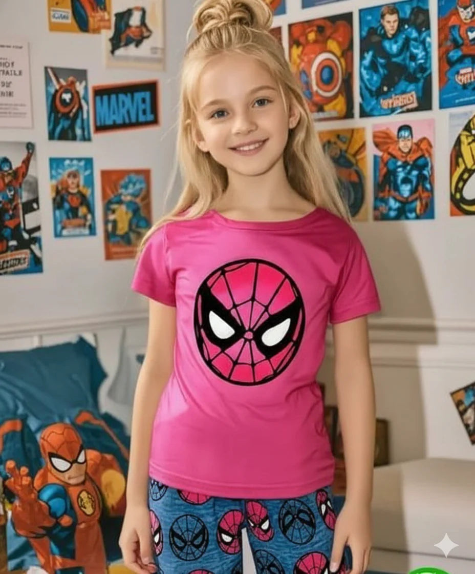 Shocking Pink Spider Girl Printed The Ultimate Kids Sleep Suit (OM-389)