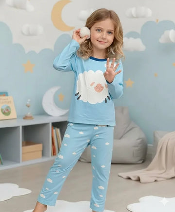 Sky Blue With White Sheep Printed The Ultimate Kids Sleep Suit (OM-390)