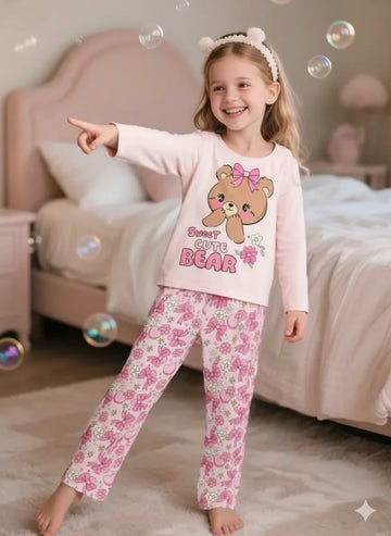 Pink Sweet Cute Bear Printed The Ultimate Kids Sleep Suit (OM-388)