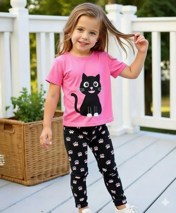 Pink With Black Cat Printed Half Sleeves T-shirt With Black and White Dotted Pajama The Ultimate Kids Sleep Suit (OM-387)