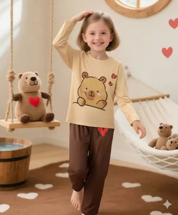 Brown Cute Bear Printed Kids The Ultimate Kids Sleep Suit (OM-386)