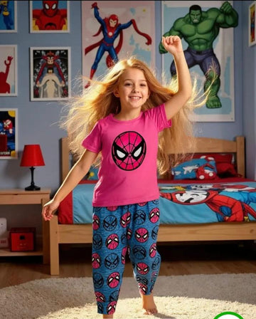Shocking Pink Spider Girl Printed The Ultimate Kids Sleep Suit (OM-389)