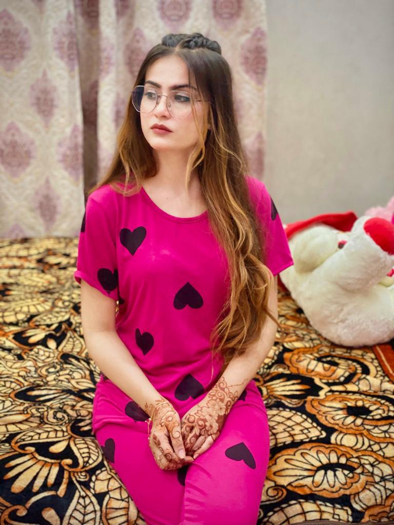 Shocking Pink Hearts Half Sleeves The Ultimate Dream wear Sleep Suit (OM-47)