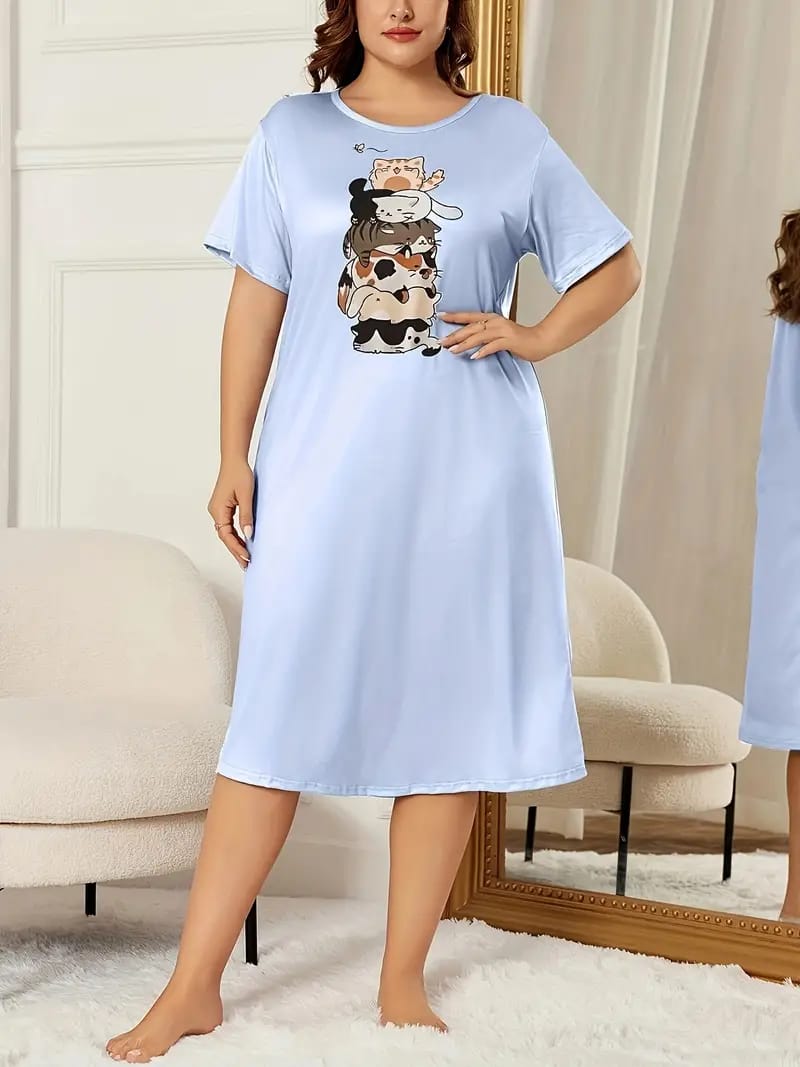 Blue Cats Print Long Shirt For Her (OM-1107)